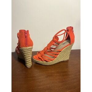 Charlotte Russe ESPADRILLE  WEDGE SANDALS Cork Coral Orange Women's Sz 8 Strappy